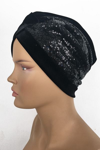 Vera Bone Efruz Ready Turban Cross Strap Lined Hijab Bone Μαύρο βελούδινο γυναικείο μπονέ με παγιέτες