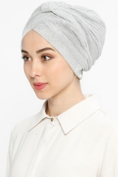 Vera Καπό Efruz Ready Turban Cross Banded Lined Hijab Bonnet Γκρι ασημί ασημί Γυναικείο κομψό καπό