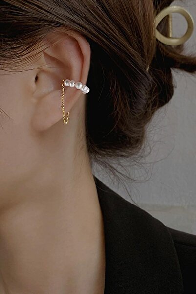 hbtasarim Gold Renk İncili Sallantılı Earcuff Kıkırdak Küpe