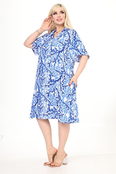 Eceyaman moda Women's White Navy Blue Coral Pattern Large Size Dress