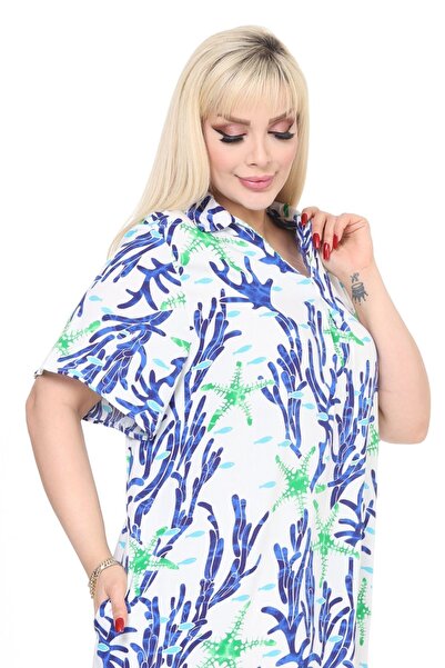 Eceyaman moda women's white green coral print oversize dress