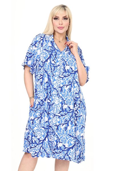Eceyaman moda Women's White Navy Blue Coral Pattern Large Size Dress
