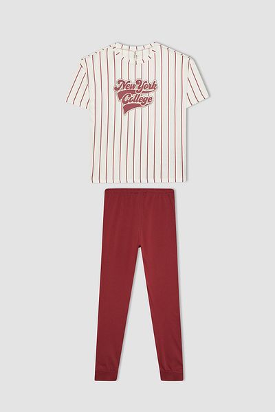 DeFacto Girls' Stripe Printed Pajamas Set - Short Sleeve and Elastic Waist C1945A824Sp