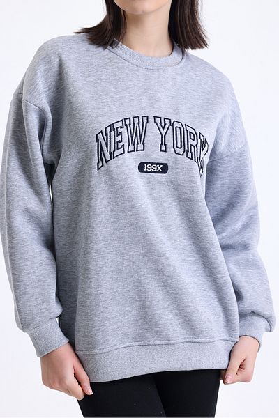 Giyyin Gray Oversize Women's Sweatshirt New York Written Embroidered Three Threads