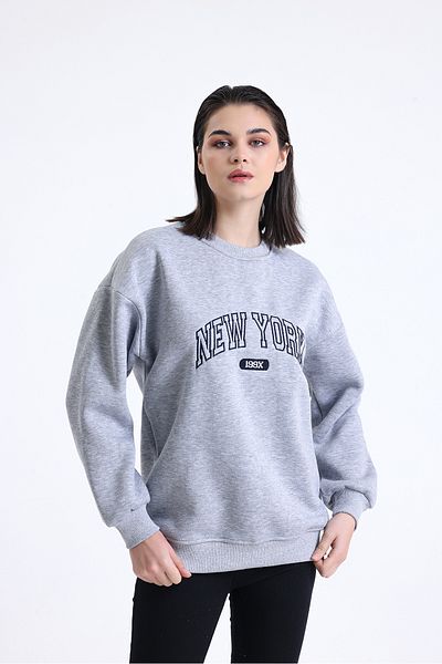 Giyyin Gray Oversize Women's Sweatshirt New York Written Embroidered Three Threads