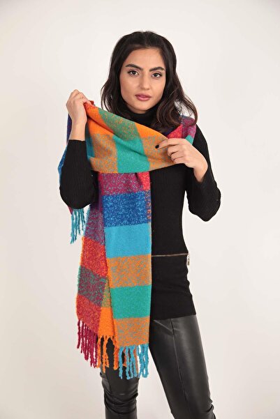 Axesoire 15143 Kareli Turuncu Buklet Yumuşak Dokulu Kalın Şal Atkı