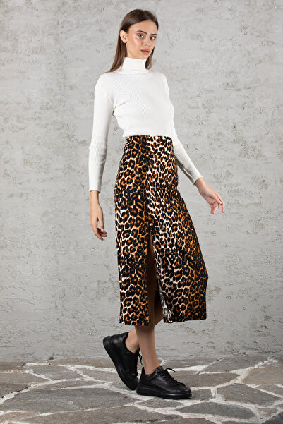 Markleydi Women's Leopard Pattern High Waist Slit Soft Textured Midi Skirt