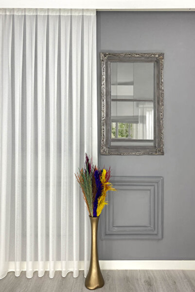 VANESSA PERDE Kareli Spor Düz Ekru Tül Perde Sık Pileli 1/3