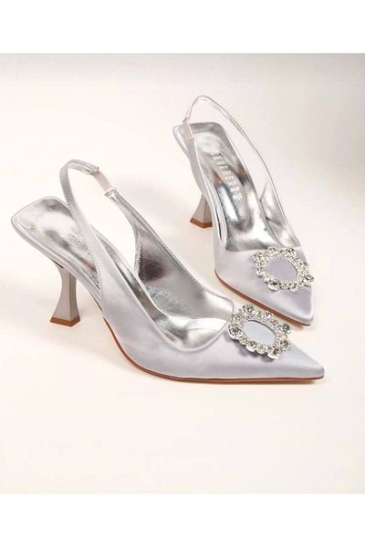 Essen Silver Women's Heeled Shoes with Stone Detail