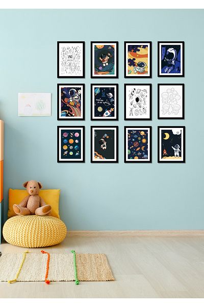 NT Handmade 12 bucăți cadru negru aspect spațiu decor de perete set pictură pentru living dormitor pat copii