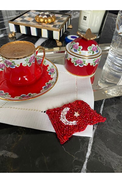 Handmade Кавовий серветка з вишитим турецьким прапором