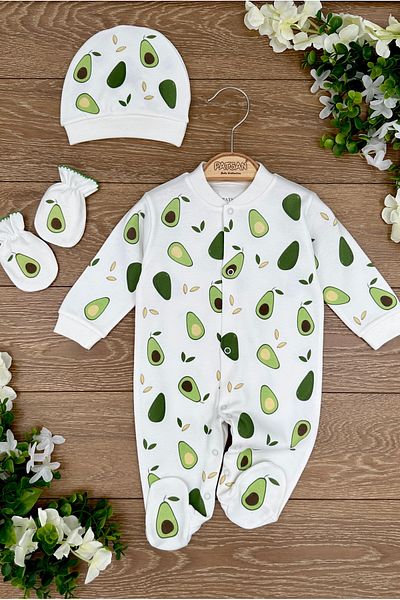 Renkli Puset Organic Cotton Knitted 3-Piece Baby Rompers with Hat, Gloves and Booties Avocado