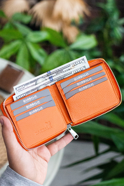 Garbalia Carole Hakiki Deri Fermuar Kilitli Turuncu Unisex Cüzdan