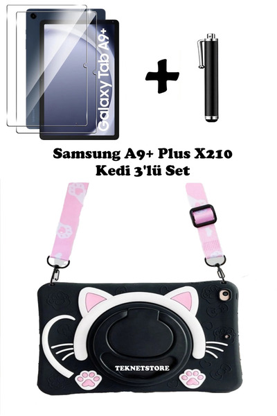 TEKNETSTORE Samsung Galaxy Tab A9 Plus 11 (2023) Sm-x210 Uyumlu Kedi Çocuk Kılıfı Askılı Stand Eğlenceli 3lü Set