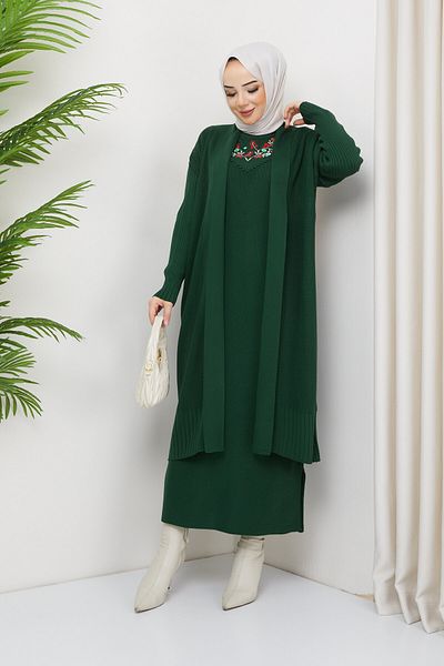 GÜLSELİ Dark Green Women's Embroidered Knitwear Dress Cardigan Double Set