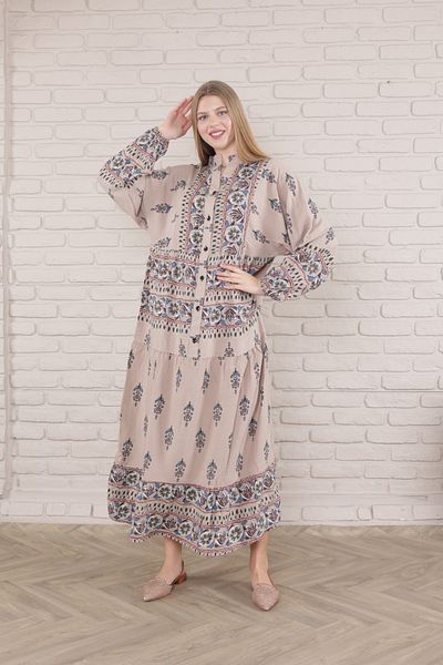 mervemoda Γυναικείο φόρεμα Plus Size - Μπροστινό με κουμπιά και ύφανση