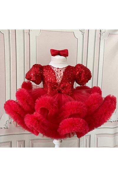 İlknur Karaca Design Рокля с къна за специален ден с червени мъниста за рожден ден на 6-месечно момиче