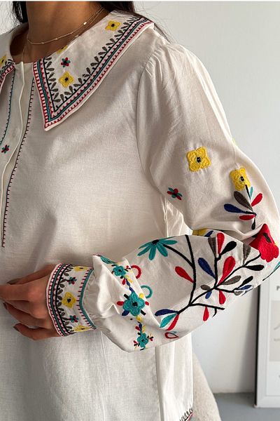 FEMELLE Women's Apron Collar Comfortable Fit Embroidery Embroidered Cotton Shirt