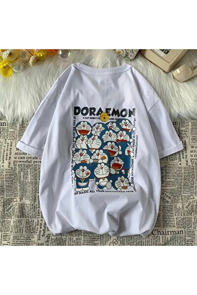 Tarzsokak Бяла унисекс тениска с печат на гърба с Дораемон