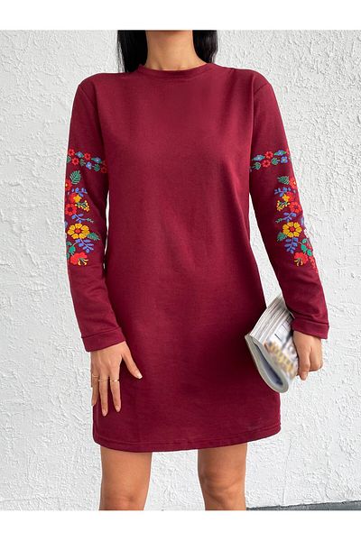 AQE FASHION Rochie tunică burgundă cu mânecă lungă, cu mâneci cu decolteu, cu imprimeu floral