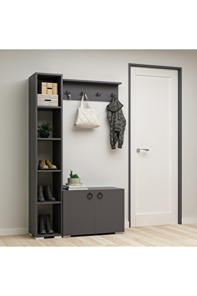AYSİMO Napoli Duvar Askılıklı Boy Dolaplı Ayakkabılıklı Antrasit Vestiyer Portmanto