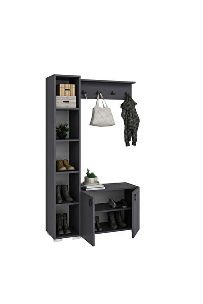 AYSİMO Napoli Duvar Askılıklı Boy Dolaplı Ayakkabılıklı Antrasit Vestiyer Portmanto