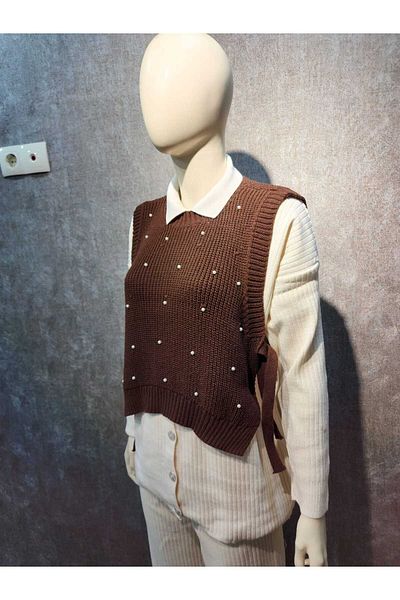 Moda Seval пуловер с перлени детайли и странична връзка