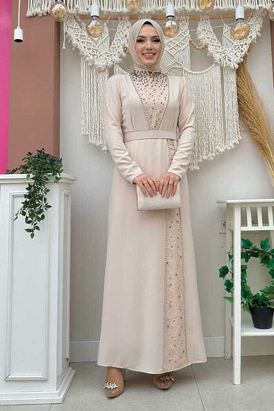 Bym Fashion 3870 κρεπ φόρεμα δαντέλα με πέτρες Πέτρα