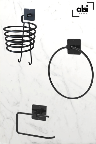 ALSİ HOME Yapışkanlı 3 lü Siyah Fön Makinesi Askısı Wc Tuvalet Kağıtlık Yuvar...