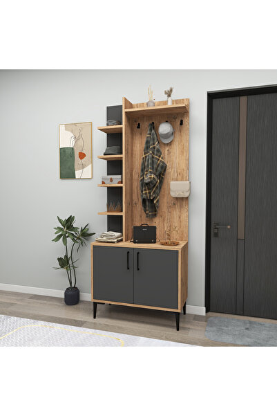 ARNETTİ Julendor Portmanto – Atlantik Çam Antrasit Renkli, Kapaklı Ve Raflı Geniş Antre Dolabı