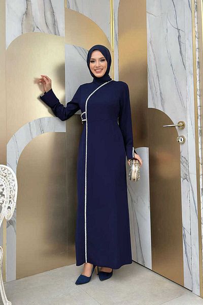 Bym Fashion Ujj mandzsetta Slit Stone részletes ruha 3866 sötétkék
