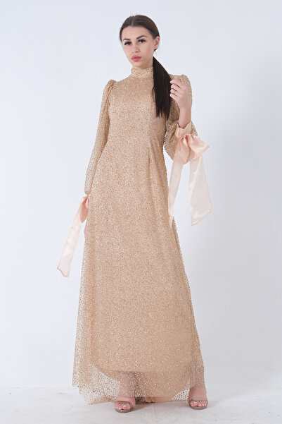 Feminist Taş İşlemeli Hakim Yaka Fiyonklu Tesettür Abiye Gold 6502462