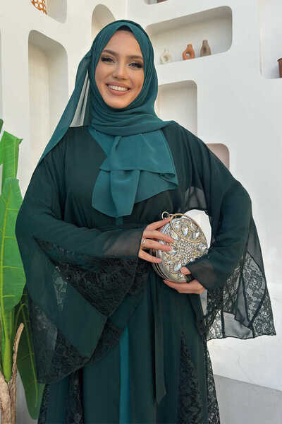 Bym Fashion Lace Embroidery Detail Belted Chiffon Abaya 7886 Emerald