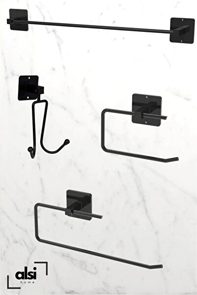 ALSİ HOME Yapışkanlı 4 lü Siyah Uzun Askısı Havlu Askısı Wc Tuvalet Kağıtlık ...