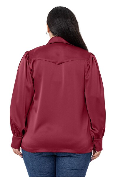 DISENTIS MODEST Plus Size Satin Burgundy Shirt with Cuff and Sleeve Top