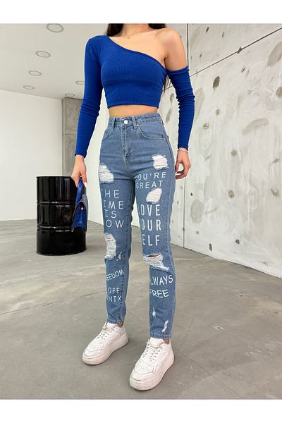 BİKELİFE Blue Ripped Detailed High Waist Mom Women's Jeans