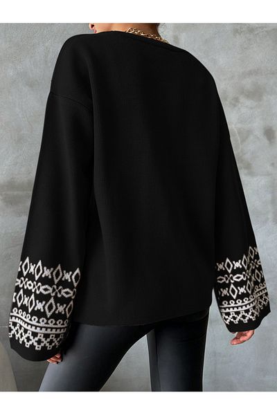 AQE FASHION Pulover de tricotaj negru cu detaliu, cu detaliu, cu model jacquard, cu mâneci casual
