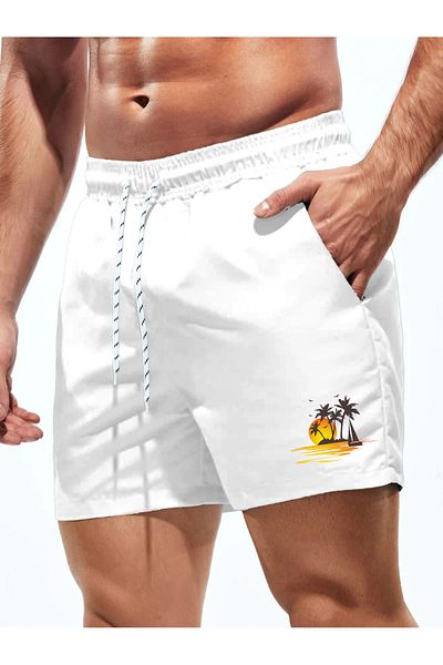 MEYASU Costum de baie alb pentru bărbați, cu imprimeu California, mărimea standard, pantaloni scurți de mare