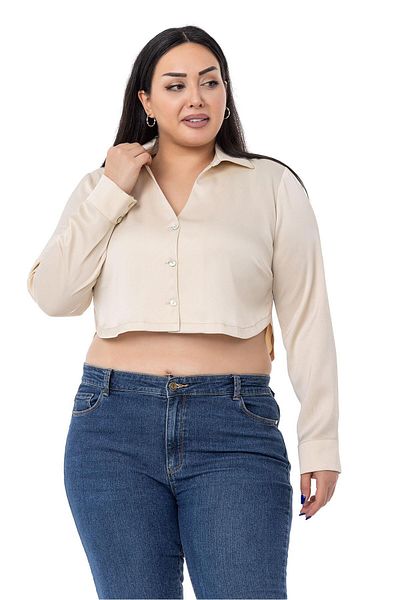 DISENTIS MODEST Cămașă Crop Bej de mărimi Plus cu manșete din satin