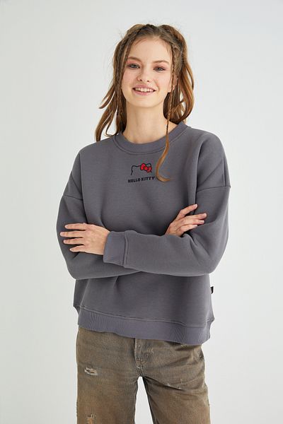 Hello Kitty Licensed Printed Crew Neck Thick Oversize Fit Gray Smoked Sweatshirt Roz-120