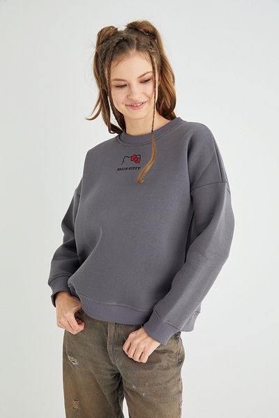 Hello Kitty Licensed Printed Crew Neck Thick Oversize Fit Gray Smoked Sweatshirt Roz-120