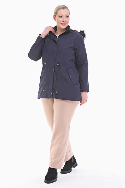 VETRE Women's Large Size Fur Lined Navy Blue Short Coat 1003