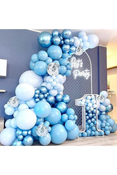 TATLI GÜNLER 60 Adet Krom Mavi Makaron Mavi Beyaz Şeffaf Balon Seti + Balon Z...