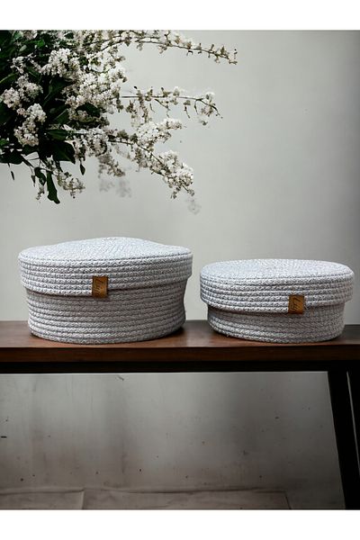 Liya Bella 2-Piece Gray Wicker Basket with Lid - Natural Handmade, Organizer Set Made of Cotton Thread