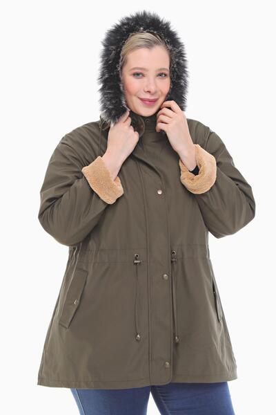 VETRE Women's Large Size Furry Khaki Short Coat 1003
