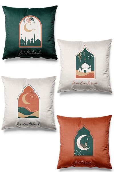 Pilloveland Διπλής όψης με στάμπα Ramadan Dome Σετ 4 Καλύμματα μαξιλαριού από σουέτ Ραμαζάν Καρίμ