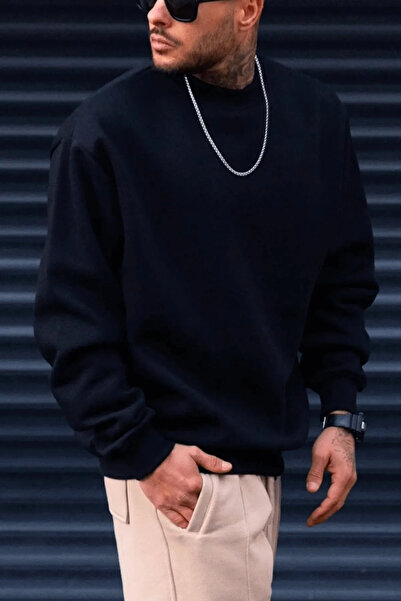 Mandlyz Erkek Düz Lacivert Basic Baskısız Bisiklet Yaka Oversize Salaş Sweatshirt Sweat