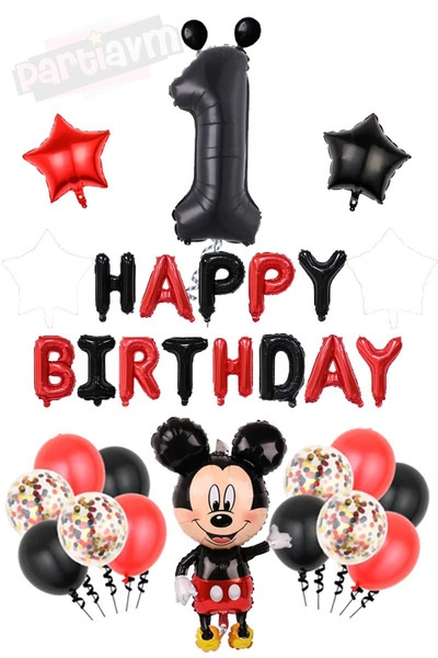 PARTİAVM Siyah Rakam Balonlu Mickey Mouse Happy Birthday Balon Seti Mini Fare...