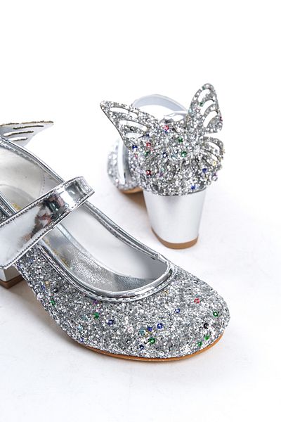 owwo club Butterfly, Silver, Classic Heeled Children's Shoes with Butterfly Accessories