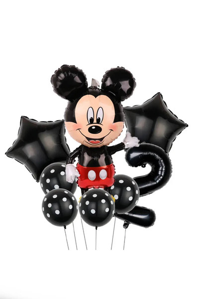 PARTİAVM Siyah Rakam Balonlu Mickey Mouse Siyah Balon Seti Mini Fare Temalı